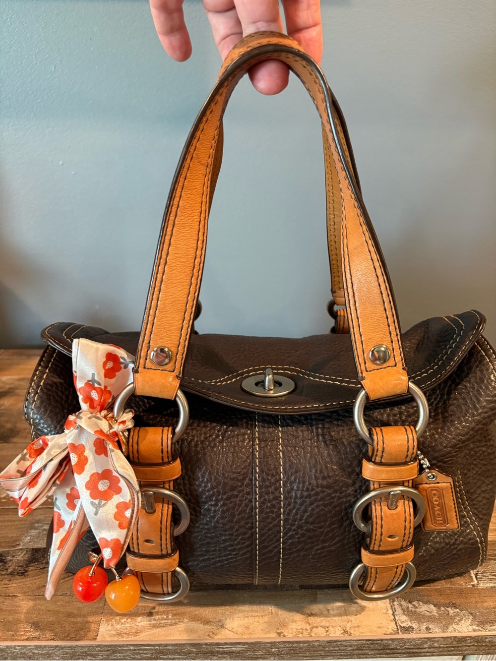 Coach Chelsea Brown Pebbled Leather Satchel with Tan Trim